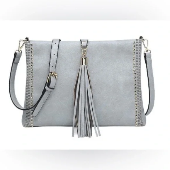New Blue-Gray Marie - Grommet Detail Fold Over Tassel - Vegan Leather Crossbody - Picture 3 of 4